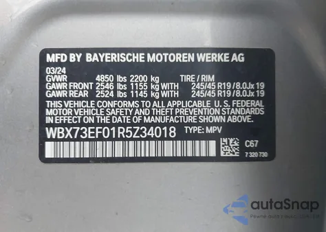 2024 BMW X1 xDrive28I из США, поврежденный, VIN WBX73EF01R5Z34018